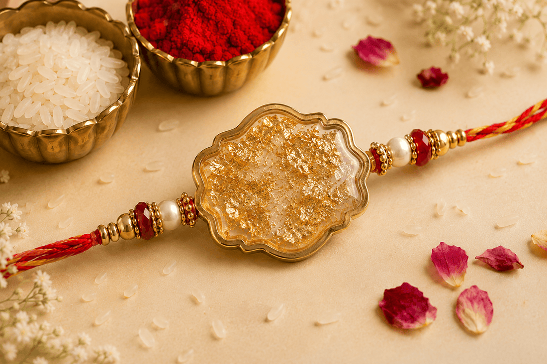 A beautiful handcrafted resin Rakhi made with pearl mica powder and gold flakes from Salsabila Artsea.