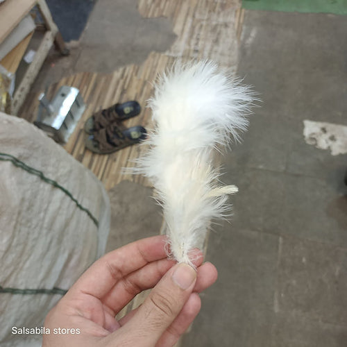 White fluffy marabou feather held in hand, decorative craft feather for gift hampers