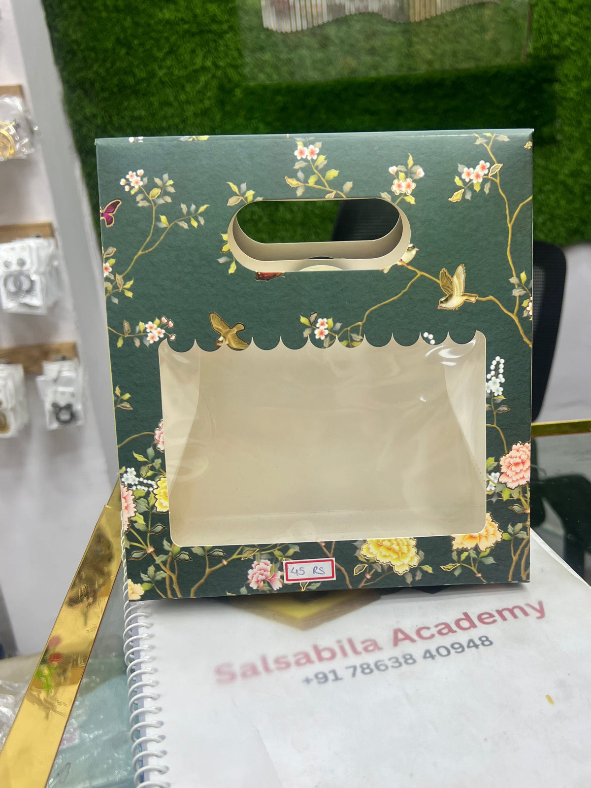 2 Jar Floral Green Traditional Gift Hamper Box with Clear Window Without Jars (1Pc) | 17.8 x 9.4 x 24.3 cm