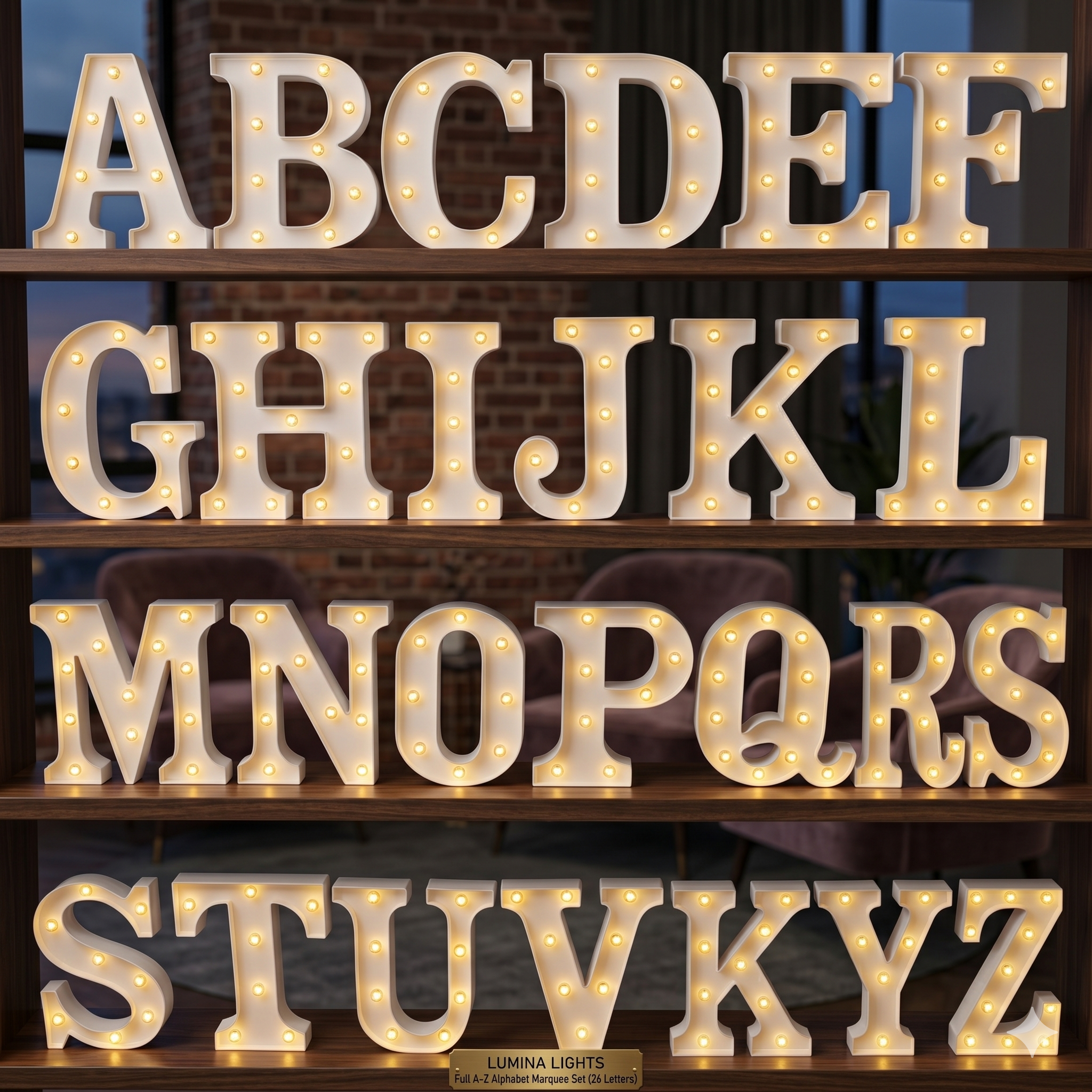 Lumina Lights Full A-Z Alphabet Marquee LED Letter Set with warm white glowing bulbs displayed on wooden shelves — 26 letters complete set for wedding and party decoration