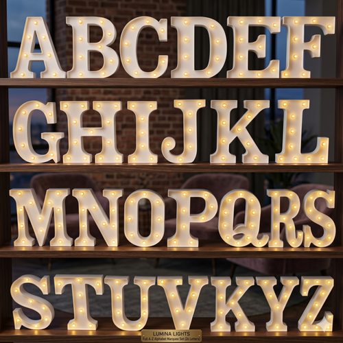 Lumina Lights Full A-Z Alphabet Marquee LED Letter Set with warm white glowing bulbs displayed on wooden shelves — 26 letters complete set for wedding and party decoration