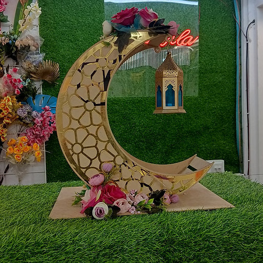 MDF Moon Decorated with Flowers | Home & Event Decor | Ramadan & Eid Diwali Decor