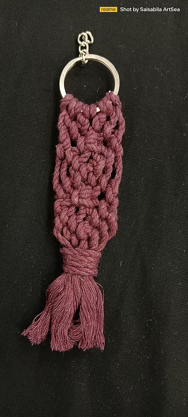 Handcrafted mauve macramé keychain with woven cotton panel and tassel on metal keyring, boho style 3"