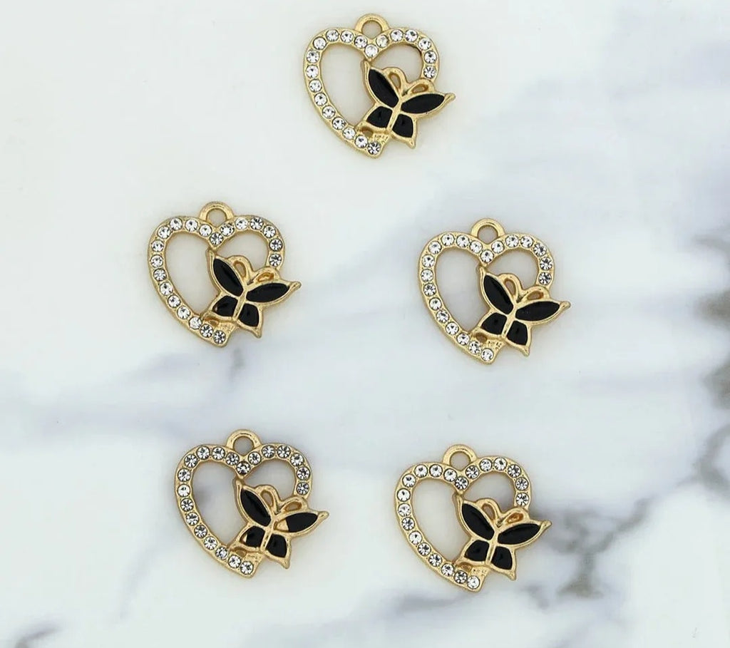 Heart With Butterfly Charm Bezels With Black Enamel