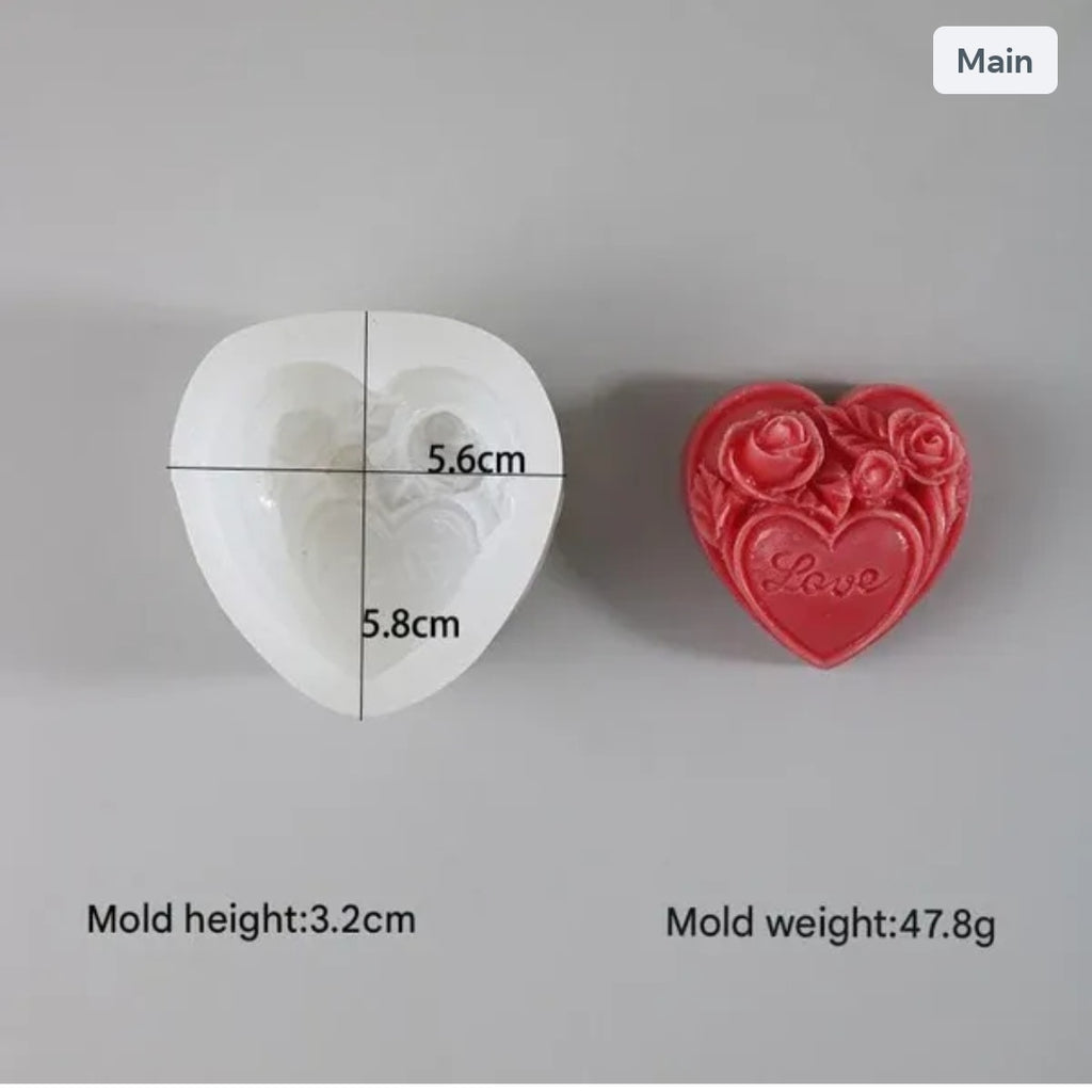 3D Rose & Love In Heart Soap & Candle Handmade Mould