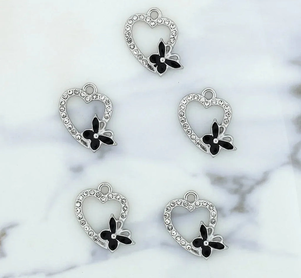 Heart With Butterfly Charm Bezels With Black Enamel