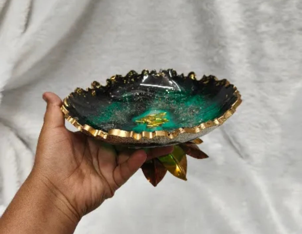 Emerald and Gold Geode Resin Serving | Decorative Bowl