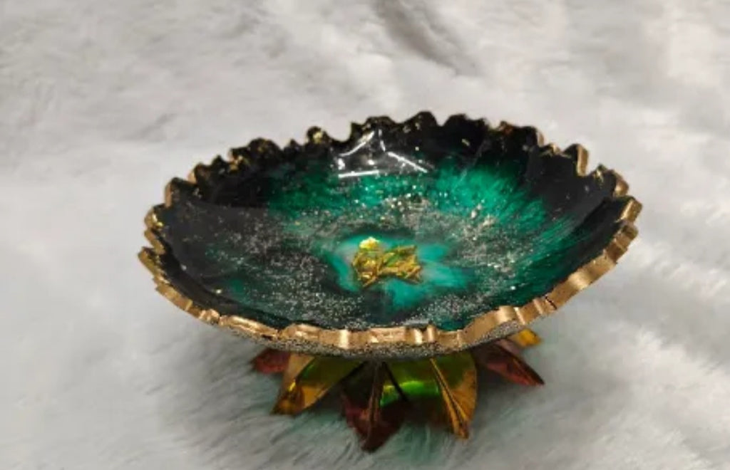 Emerald and Gold Geode Resin Serving | Decorative Bowl